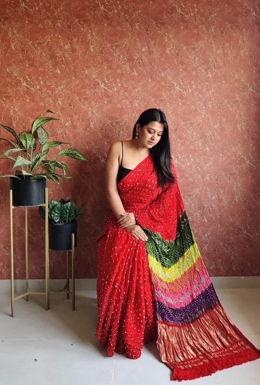 Pure Modal Bandhani Saree with Multicolor Dani & Tissue Pallu - Image 1