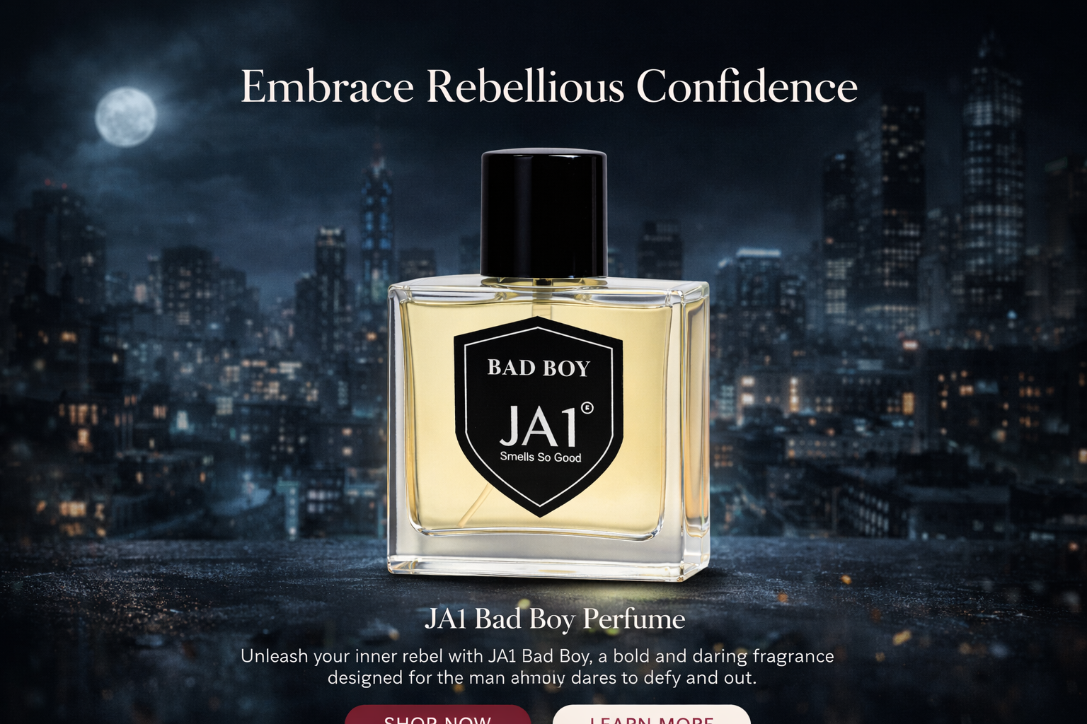 JA1 Bad Boy Perfume, Bold Spicy Amber Men’s Fragrance. Banner 1