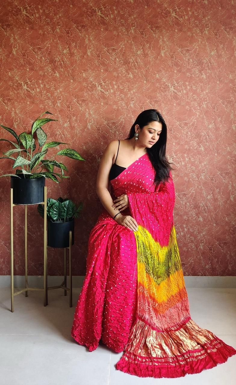 Pure Modal Bandhani Saree with Multicolor Dani & Tissue Pallu - Image 2